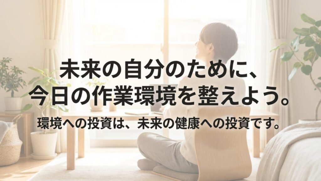 来の健康のために今日の作業環境を整えることを促すメッセージ画像。