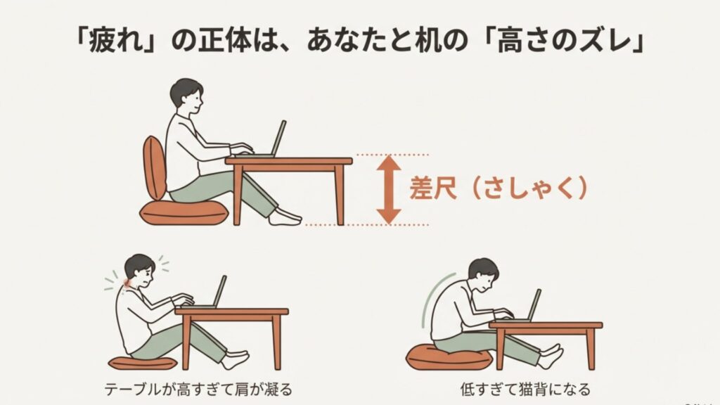 座面から天板までの高さの差である「差尺（さしゃく）」の解説図。テーブルが高すぎて肩が凝る状態と、低すぎて猫背になる状態のイラスト。