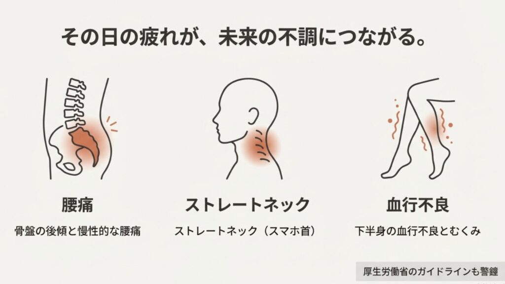 腰痛、ストレートネック、下半身の血行不良（むくみ）など、不適切な姿勢がもたらす身体的リスクの図解。