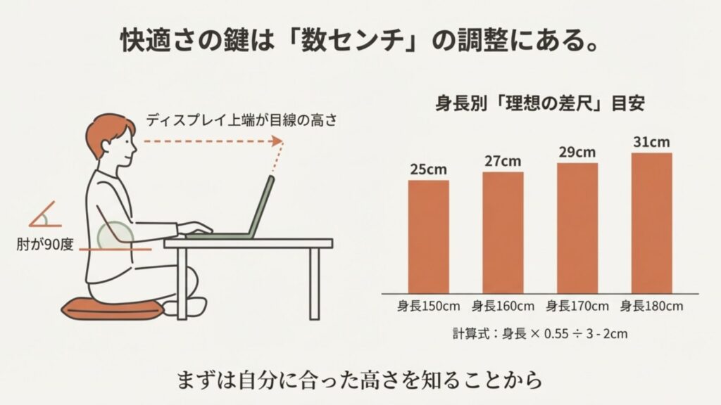 肘を90度に保ちディスプレイを理想的な高さにした正しい姿勢の図。身長別（150cm〜180cm）の理想的な差尺目安の棒グラフ。