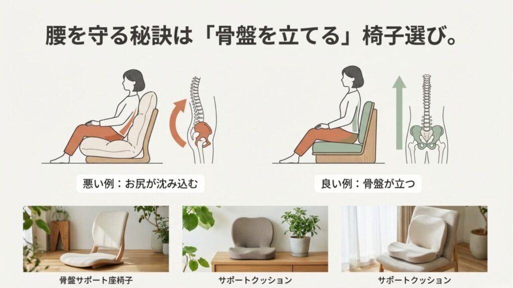 お尻が沈み込む悪い例と、骨盤が立つ良い例の比較図。骨盤サポート座椅子やサポートクッションの製品イメージ。
