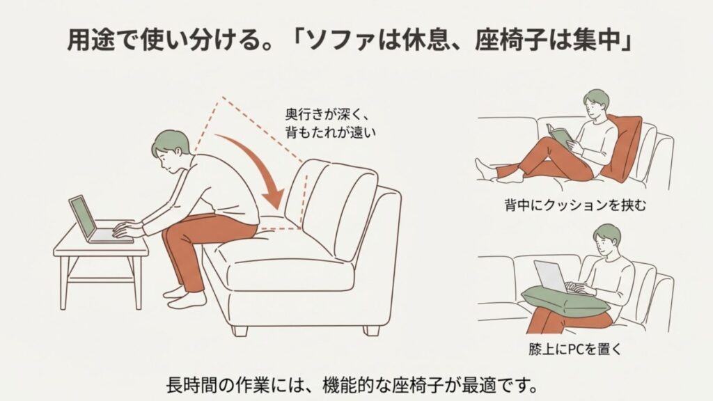 奥行きが深く背もたれが遠いソファでの悪い姿勢と、背中にクッションを挟んだり膝上にPCを置いて対策するイラスト。