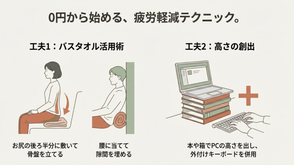 バスタオルをお尻の下や腰に当てて姿勢を整える方法と、本を積んでPCの高さを出し外付けキーボードを併用するテクニックの図解。