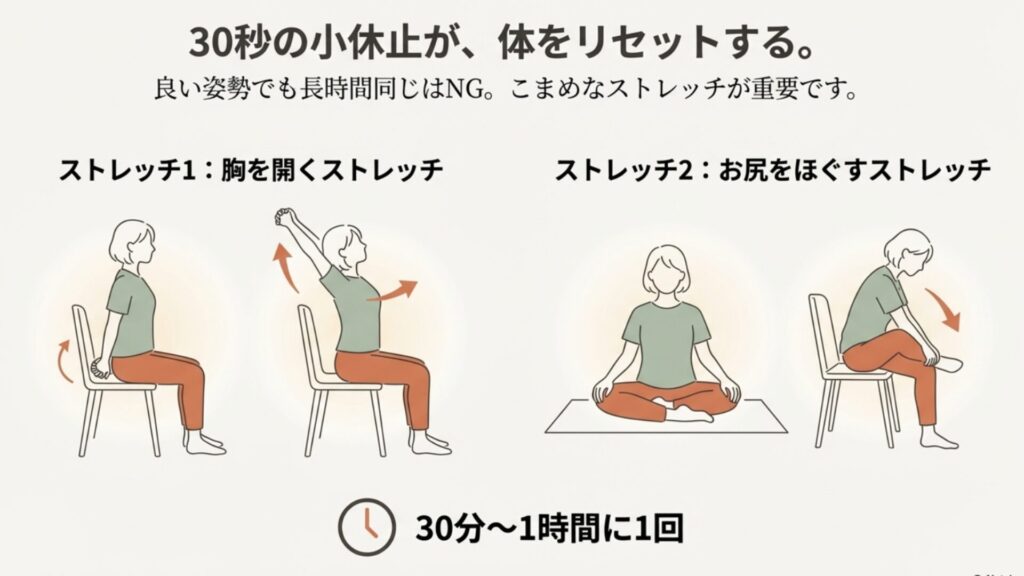 胸を開くストレッチとお尻の筋肉をほぐすストレッチの手順を示すイラスト。30分〜1時間に1回を推奨。