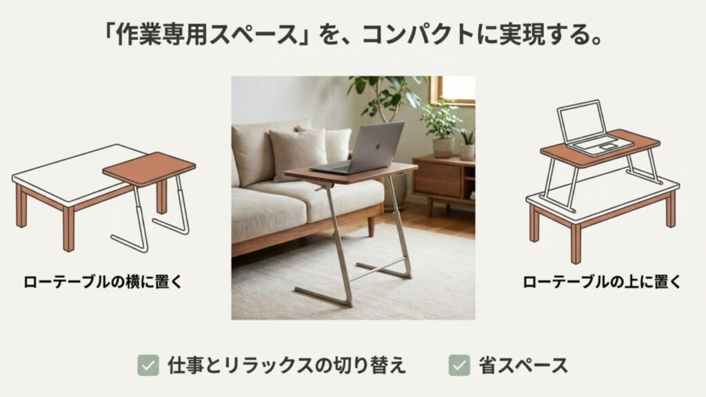 ローテーブルの横や上に設置できるコンパクトな昇降式サイドテーブルの活用例。