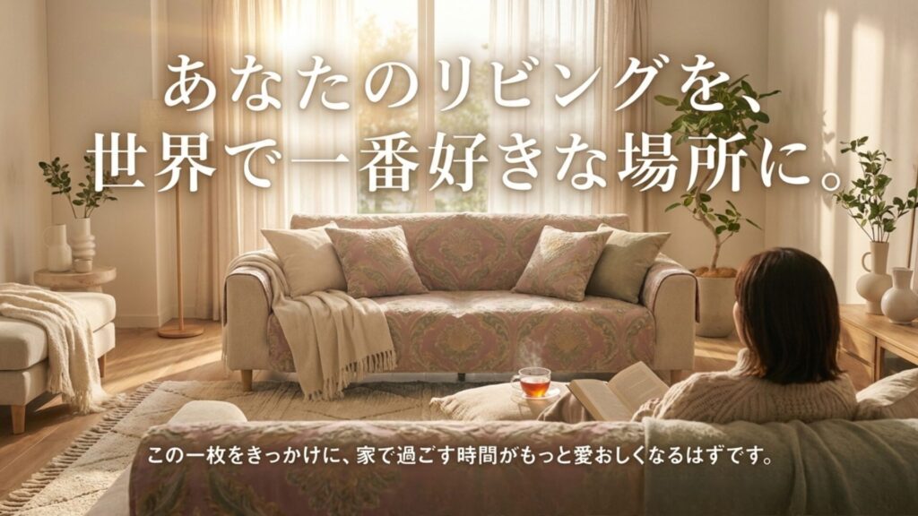 「あなたのリビングを、世界で一番好きな場所に。」というメッセージと共に、居心地の良い理想的なリビング空間をイメージした画像