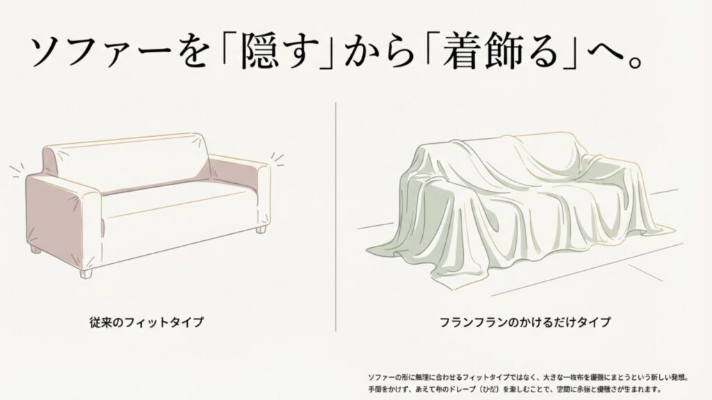 従来のピチピチしたフィットタイプと、Francfrancの「かけるだけ」タイプを比較し、布のドレープ（ひだ）を楽しむ優雅さを表現したイラスト