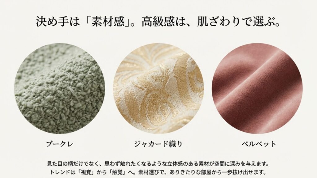 高級感を演出するブークレ、ジャカード織り、ベルベットの3種類の生地の質感を拡大した写真。トレンドの素材感を強調