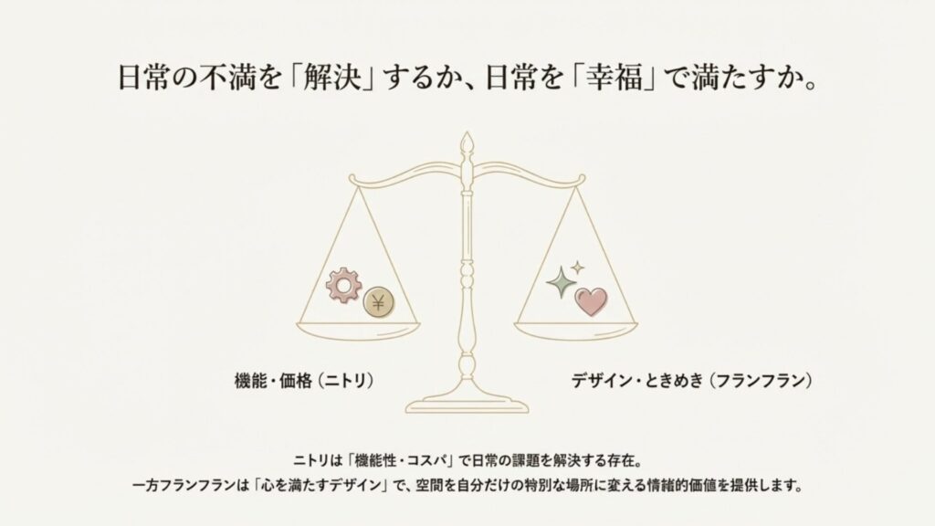 天秤のイラストを使い、機能・価格重視のニトリと、デザイン・ときめき重視のフランフランの特徴を比較した図