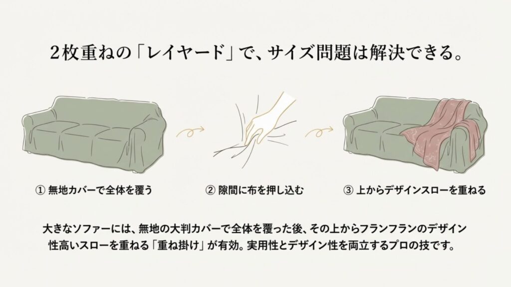 大きなソファーに対し、無地カバーで覆った後に隙間へ布を押し込み、上からデザインスローを重ねる3ステップのレイヤード手順
