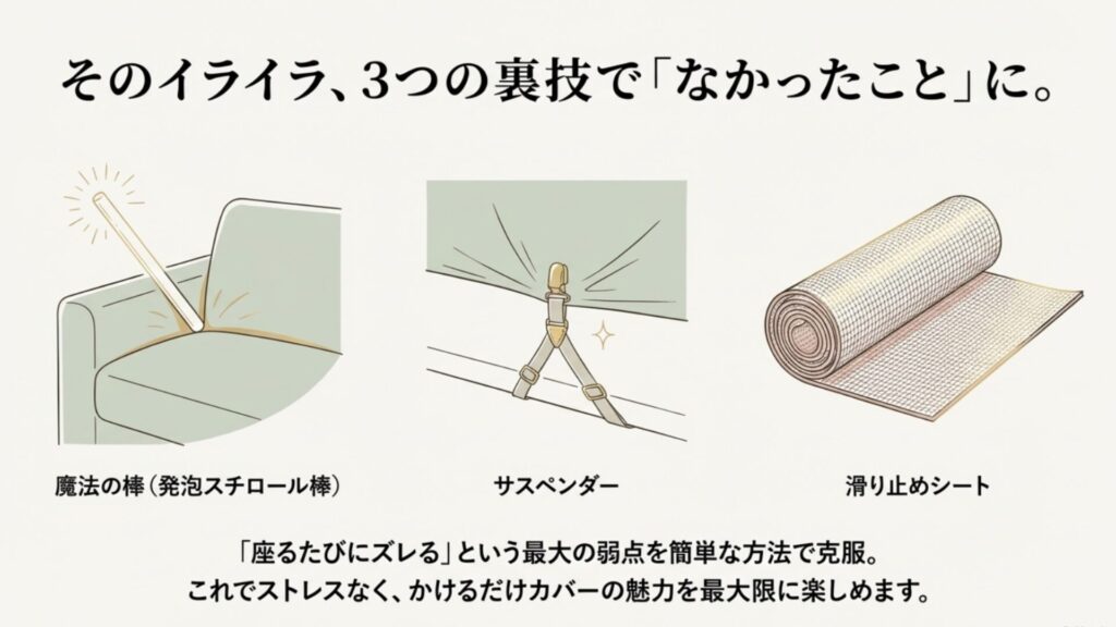 ソファーカバーのズレを防止する3つのアイテム（発泡スチロール棒、サスペンダー、滑り止めシート）の使用イメージイラスト