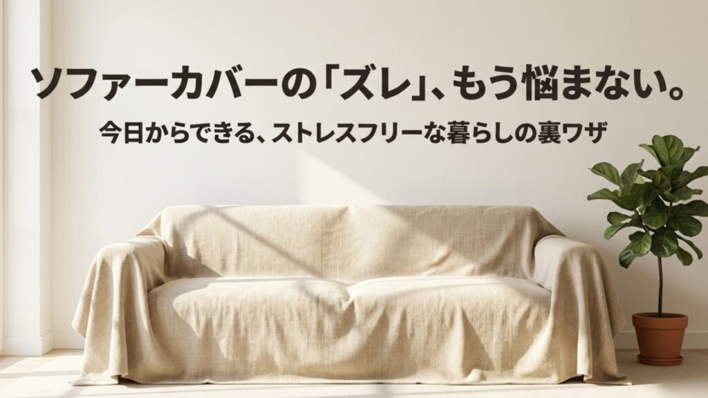 「ソファーカバーのズレ、もう悩まない」というタイトルのイラスト。ストレスフリーな暮らしの裏技を紹介する記事のアイキャッチ。