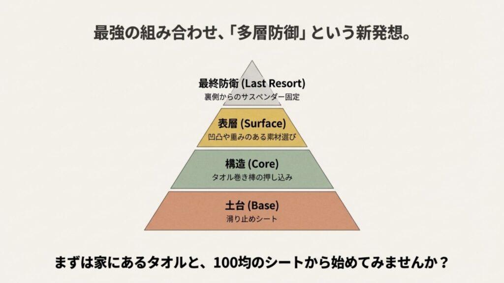 ソファーカバー固定の「多層防御」ピラミッド図。土台（シート）、構造（タオル巻き棒）、表層（素材選び）、最終防衛（サスペンダー）の4段階でズレを防ぐ考え方。
