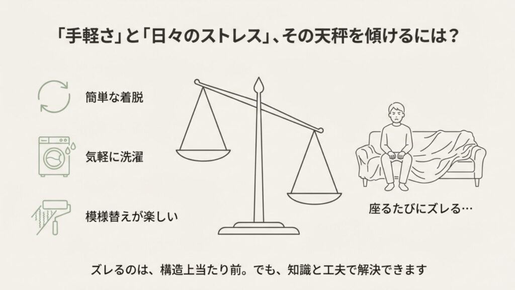 天秤のイラスト。「簡単な着脱・洗濯・模様替え」というメリットと、「座るたびにズレる」というデメリットを比較し、知識と工夫で解決できることを示唆している。