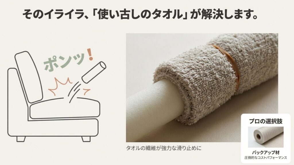 ソファーの隙間から押し込み棒が飛び出す「ポンッ！」というイジェクト現象の図と、使い古しのタオルを巻くことで繊維が滑り止めになり解決することを示す図解。
