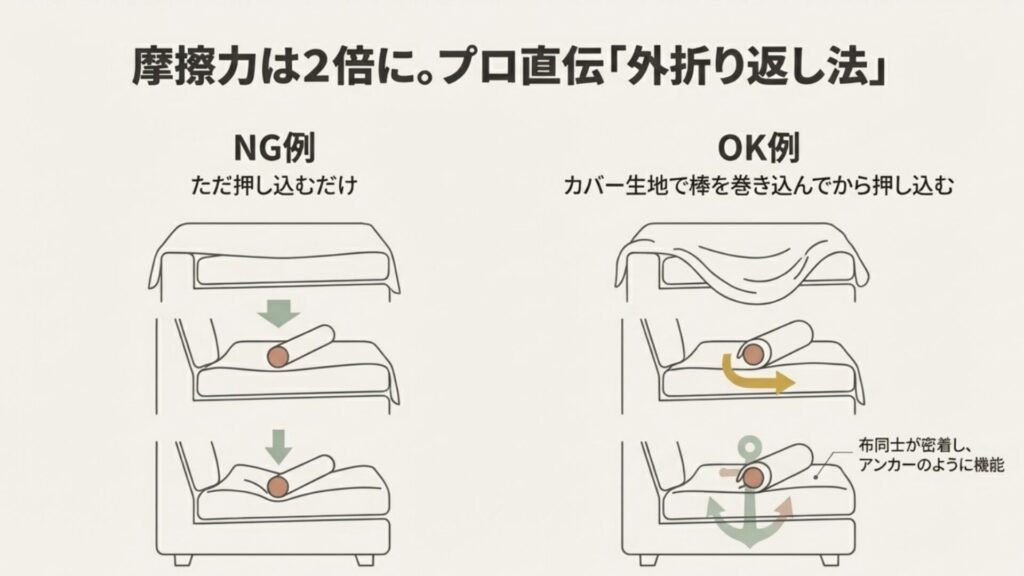 ソファーカバーの押し込み方の比較図。ただ押し込むだけのNG例と、カバー生地で棒を巻き込んでから押し込む「外折り返し法」のOK例。摩擦力が2倍になるテクニック。
