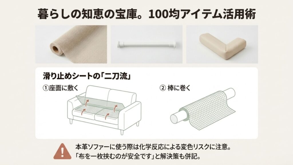 100均の滑り止めシートの活用術イラスト。座面に広く敷く方法と、押し込み棒に巻き付けて摩擦を増やす「二刀流」の使い方。本革ソファーへの注意点も記載。
