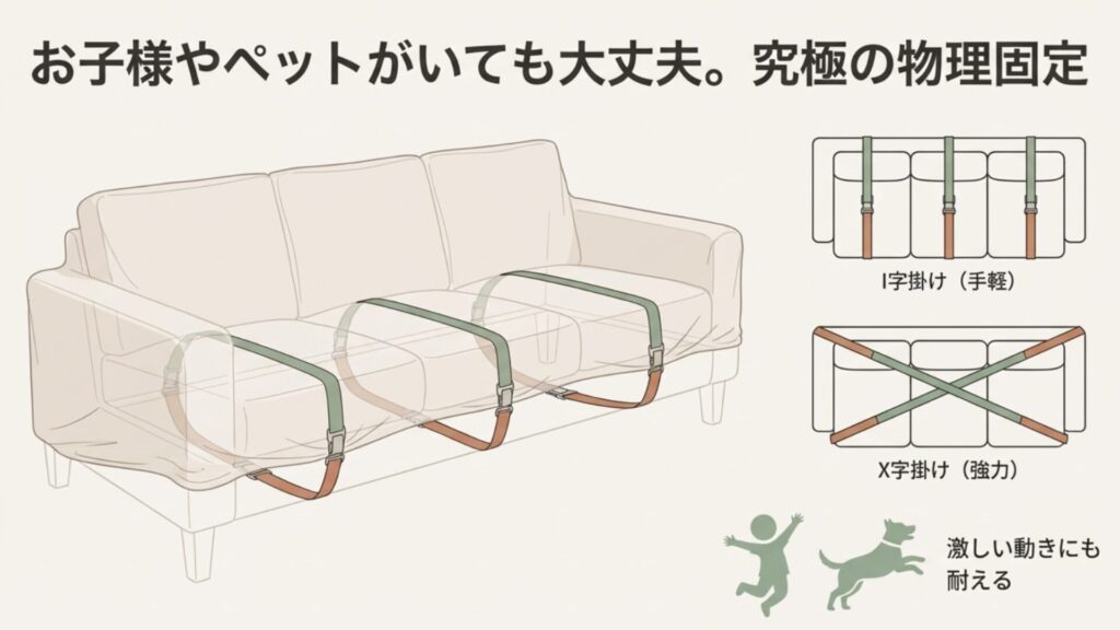 ソファーカバーを裏側から固定するサスペンダーの図解。手軽な「I字掛け」と、強力に固定できる「X字掛け」の2パターンの装着イメージ。