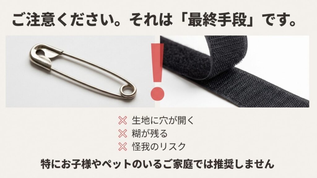 安全ピンとマジックテープの写真に「！」マークと注意書き。生地に穴が開く、糊が残る、怪我のリスクがあるため、最終手段であり推奨しないことを警告している。