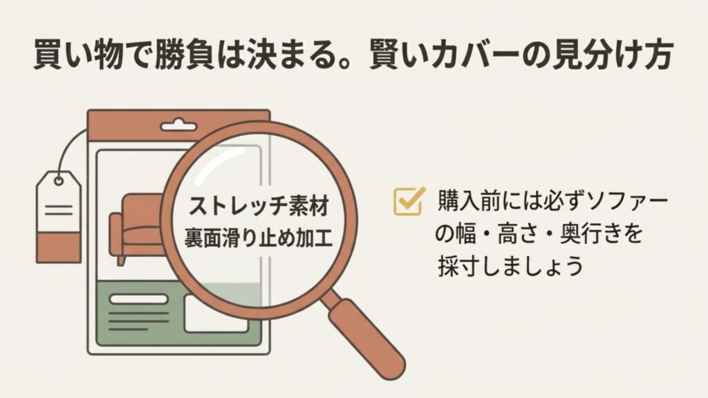 ソファーカバーの商品パッケージを見る虫眼鏡のイラスト。「ストレッチ素材」や「裏面滑り止め加工」を確認するポイントと、購入前の採寸の重要性を解説。