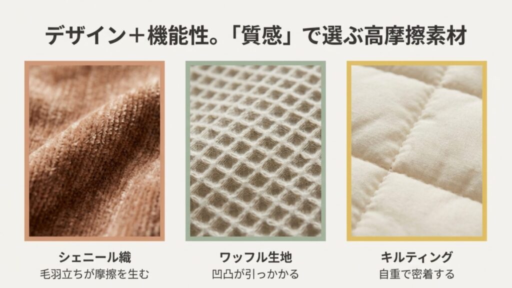 滑りにくい高摩擦素材の拡大写真。毛羽立ちのあるシェニール織、凹凸のあるワッフル生地、重みのあるキルティング生地の3種類を紹介。