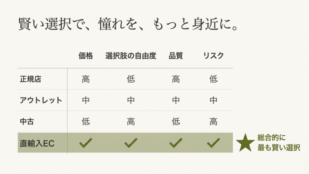 正規店、アウトレット、中古、直輸入ECの4つの購入方法を「価格・選択肢・品質・リスク」で比較した一覧表。直輸入ECが総合的に賢い選択であることを示す図。