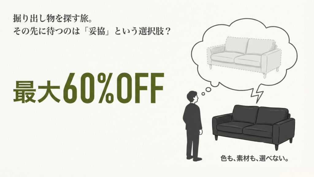 頭で思い描いている理想の白いソファと、実際にアウトレットで販売されている黒いソファのギャップに悩む男性のイラスト。「色も素材も選べない」というデメリットを表現。