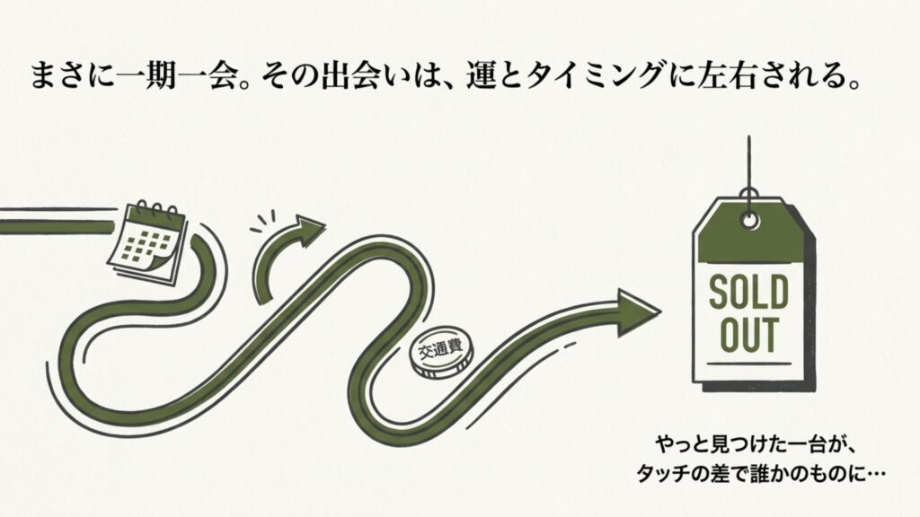 掘り出し物を探す旅に出ても、タッチの差で売り切れ（SOLD OUT）になってしまう様子を描いたイラスト。運とタイミングに左右されるリスクを表現。