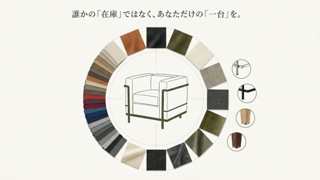 多彩なカラー見本とソファの脚のパーツ見本。在庫品ではなく自分好みの仕様にカスタマイズできるオーダーメイドの魅力を表現。