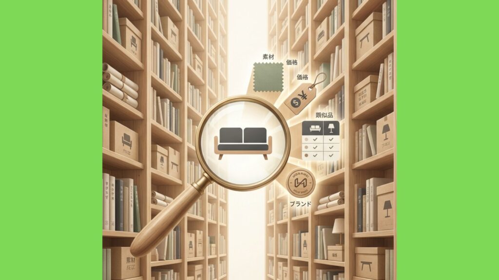 本棚にあるソファを虫眼鏡で拡大し、素材、価格、類似品などの詳細情報が表示されているイラスト。