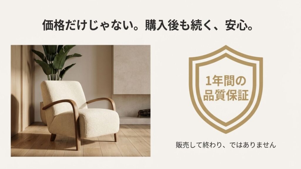 上質なチェアの写真と共に「1年間の品質保証」というテキストが配置された、アフターサポートを訴求する画像