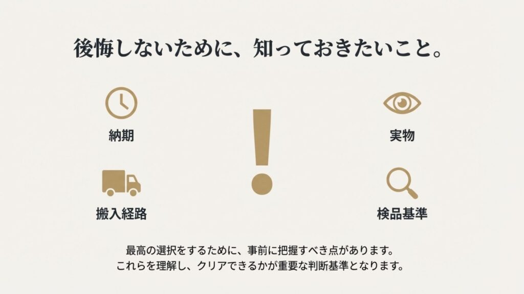 納期、実物の確認、検品基準、搬入経路という4つの注意点をアイコンでリストアップした画像
