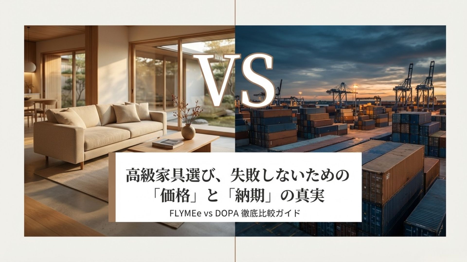 FLYMEeとDOPAの比較イメージ。高級家具選びにおける価格と納期の違いを対比させたアイキャッチ画像