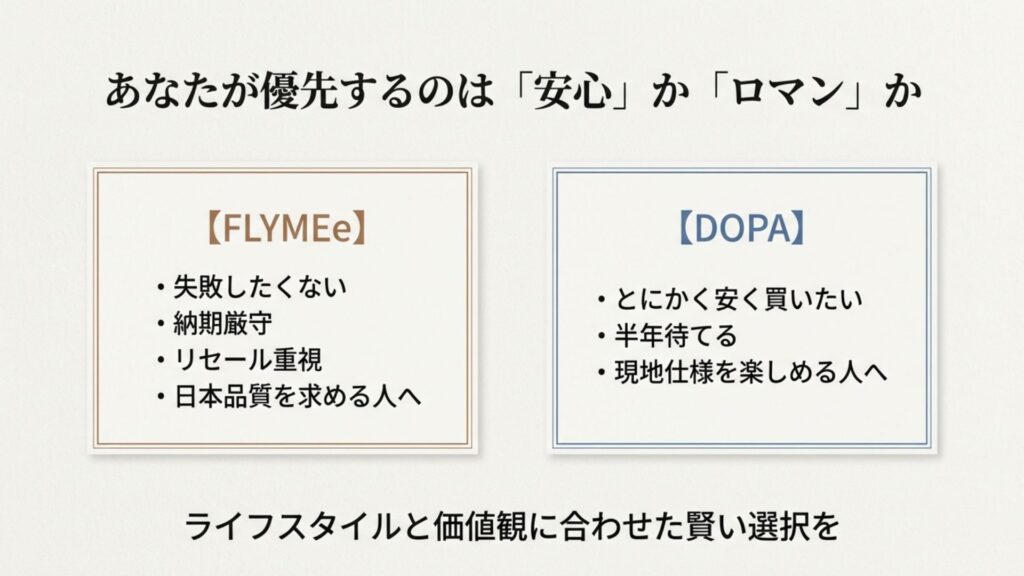 ユーザータイプ別の推奨サイトまとめ。安心と時間を優先するFLYMEe派と、価格とロマンを優先するDOPA派の比較結論