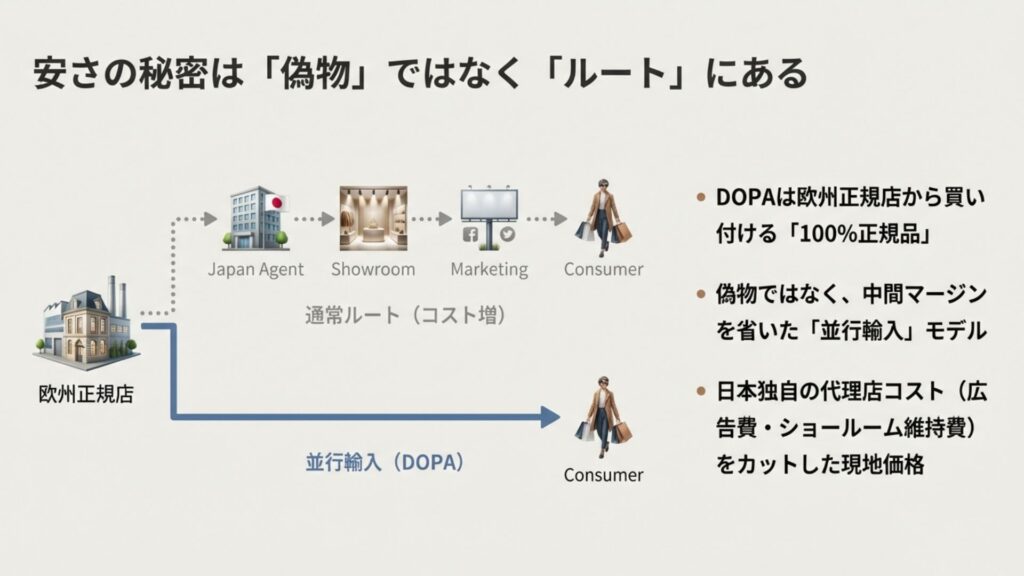 DOPAが安価である理由の図解。欧州正規店から直接買い付ける並行輸入ルートにより中間マージンをカットしている仕組み
