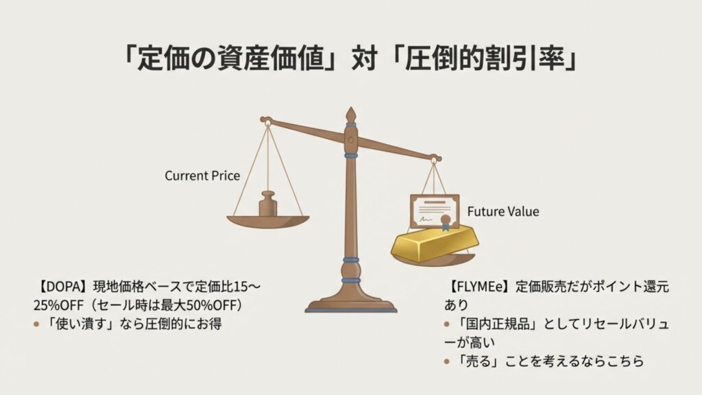 家具の現在価格と将来価値の天秤図。定価販売だがリセールバリューが高いFLYMEeと、購入時に圧倒的に安いDOPAの比較