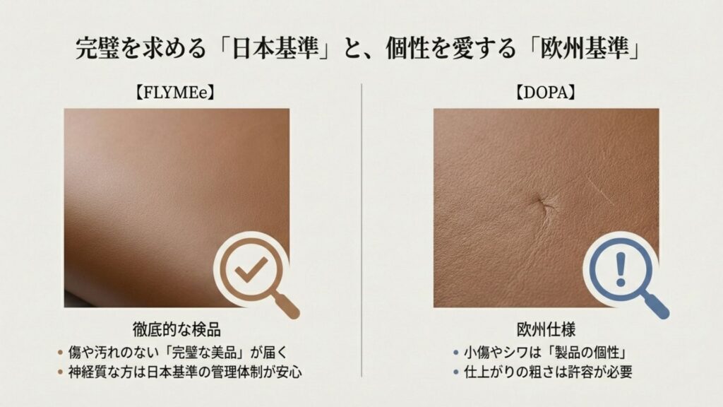 日本基準と欧州基準の検品レベルの違い。完璧な美品を届けるFLYMEeと、小傷やシワを個性とするDOPAの品質差