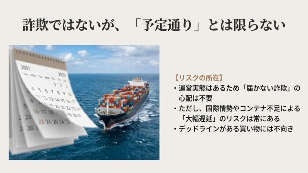 輸入家具のリスク図解。詐欺ではないが国際情勢やコンテナ不足により予定通りの納期に届かない可能性があることの説明