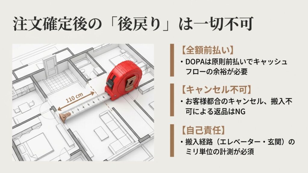 家具購入時の契約リスク図解。全額前払いや搬入不可時のキャンセル不可、搬入経路計測の重要性について