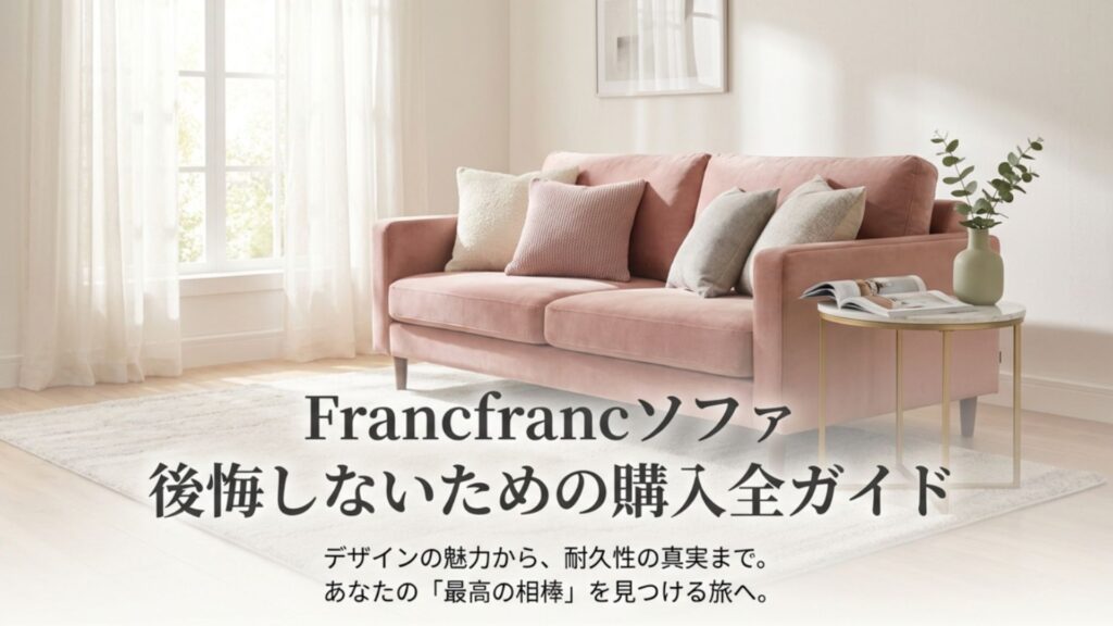 Francfrancソファの購入で後悔しないための全ガイドというタイトルと、おしゃれなリビングに置かれたピンクのソファのイメージ。