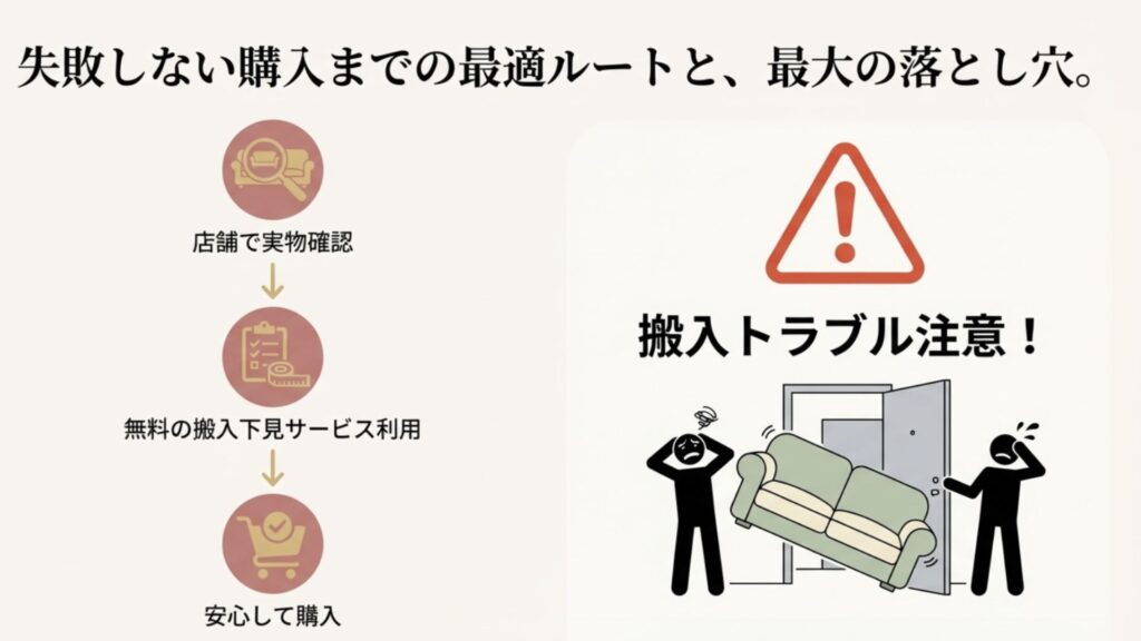 購入までの最適ルートを示すフロー図。店舗での実物確認、無料の搬入下見サービスの利用を経て、搬入トラブルを避けて安心して購入する手順を解説。