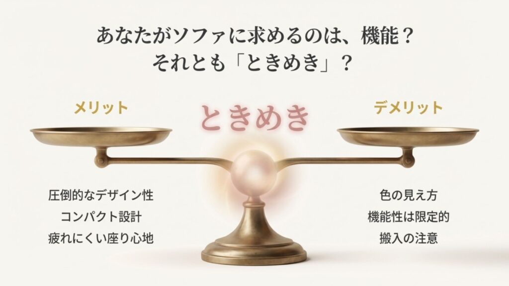 フランフランソファのメリット（デザイン性、コンパクト、座り心地）とデメリット（色味の差異、機能性、搬入注意）を「ときめき」というキーワードと共にまとめた比較図。