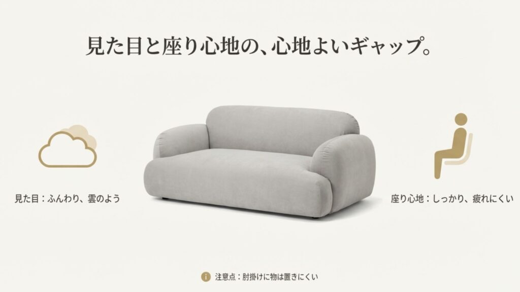 ヌボラソファの見た目と座り心地のギャップを解説した図解。雲のようなふんわりした見た目に対し、座り心地はしっかりして疲れにくいこと、肘掛けに物が置きにくい注意点を記載。
