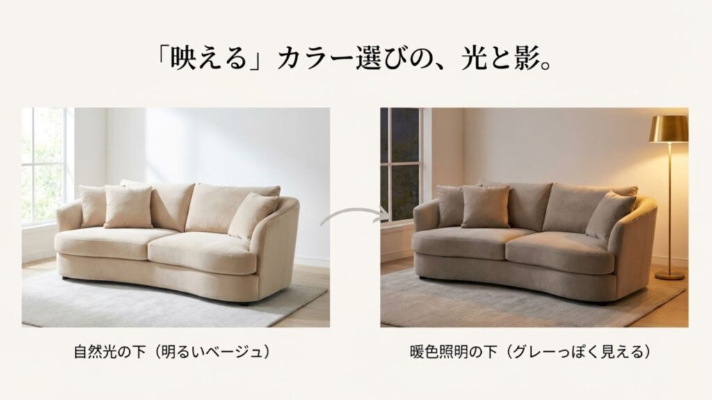 同じベージュのソファが、明るい自然光の下と暖色系の照明の下で見え方が異なることを比較した写真。照明によってグレーっぽく見える現象を説明している。