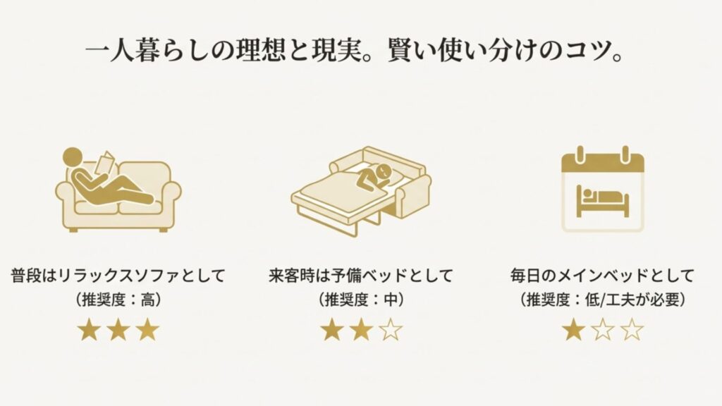 ソファベッドの推奨度を3段階で示すアイコン。普段のリラックスソファ（高）、来客時の予備ベッド（中）、毎日のメインベッド（低・工夫が必要）という使い分けのコツを解説。