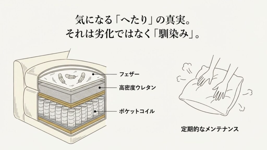 ソファのクッションを揉みほぐすメンテナンスのイラストと、フェザー、高密度ウレタン、ポケットコイルの積層構造の説明。へたりを「馴染み」と捉える考え方を示している。