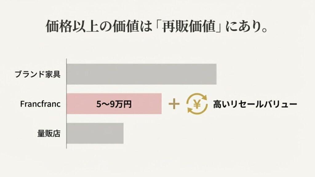 量販店、Francfranc（5〜9万円）、ブランド家具の価格帯を比較したバーチャート。Francfrancは高いリセールバリューがあるという付加価値を強調。