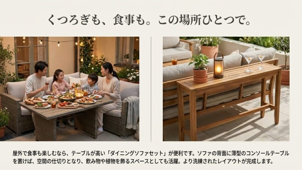 食事ができる高さのダイニングソファセットと、背面にコンソールテーブルを配置したレイアウトの実例写真