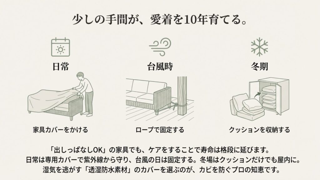 家具カバーをかけてロープで固定する様子と、クッションを専用ストッカーに収納する図解
