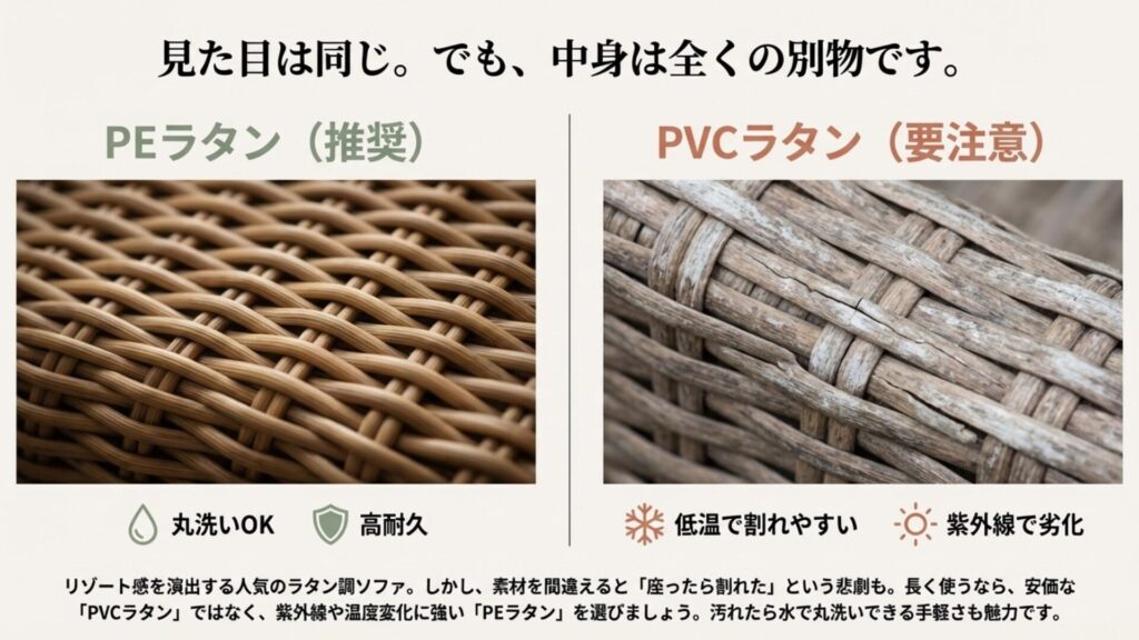 人工ラタンの素材比較。耐久性の高いPEラタン（推奨）と割れやすいPVCラタン（要注意）の編み込みの違い